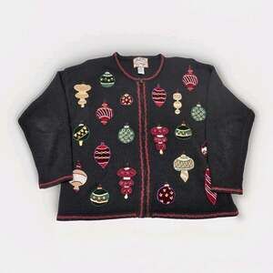 Vtg Tiara International Christmas Cardigan Sweater Embroidered Beaded XL Fullzip